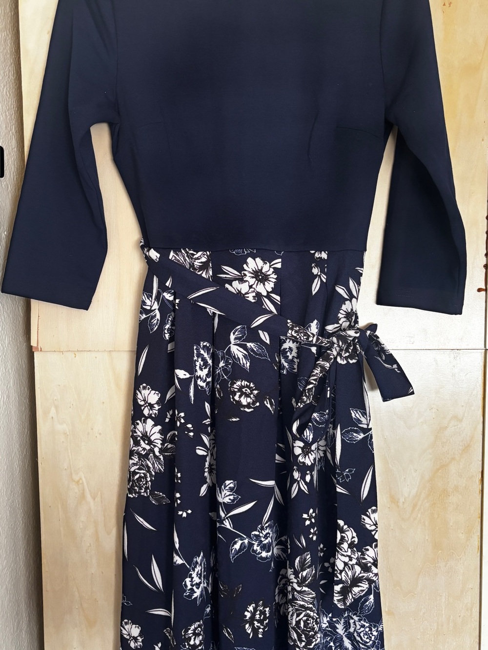 Navy Floral Long Sleeve Fit-and-Flare Dress